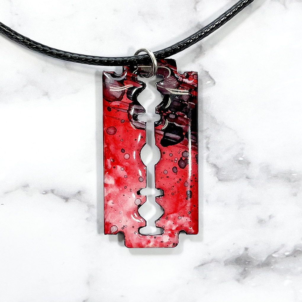 Red Black Gray Razor Blade Abstract Art Pendant Necklace - Vera